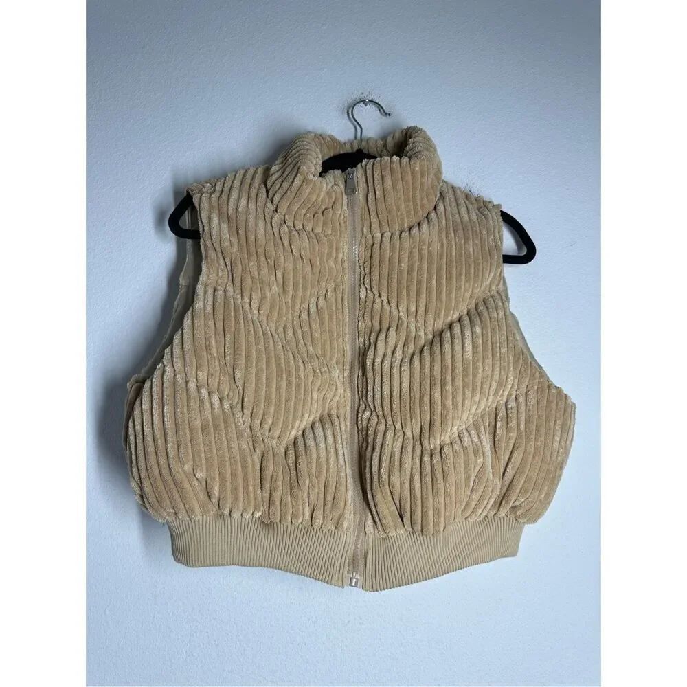 Shein Up North Ribbed Puffer Cropped Vest Tan Banded Hem Full Zip Size L